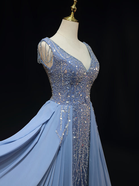 Light Blue Sequin Ball Gown with Chiffon - Pretty Sequin Dress - Sleeveless Ball Gown Plus Size